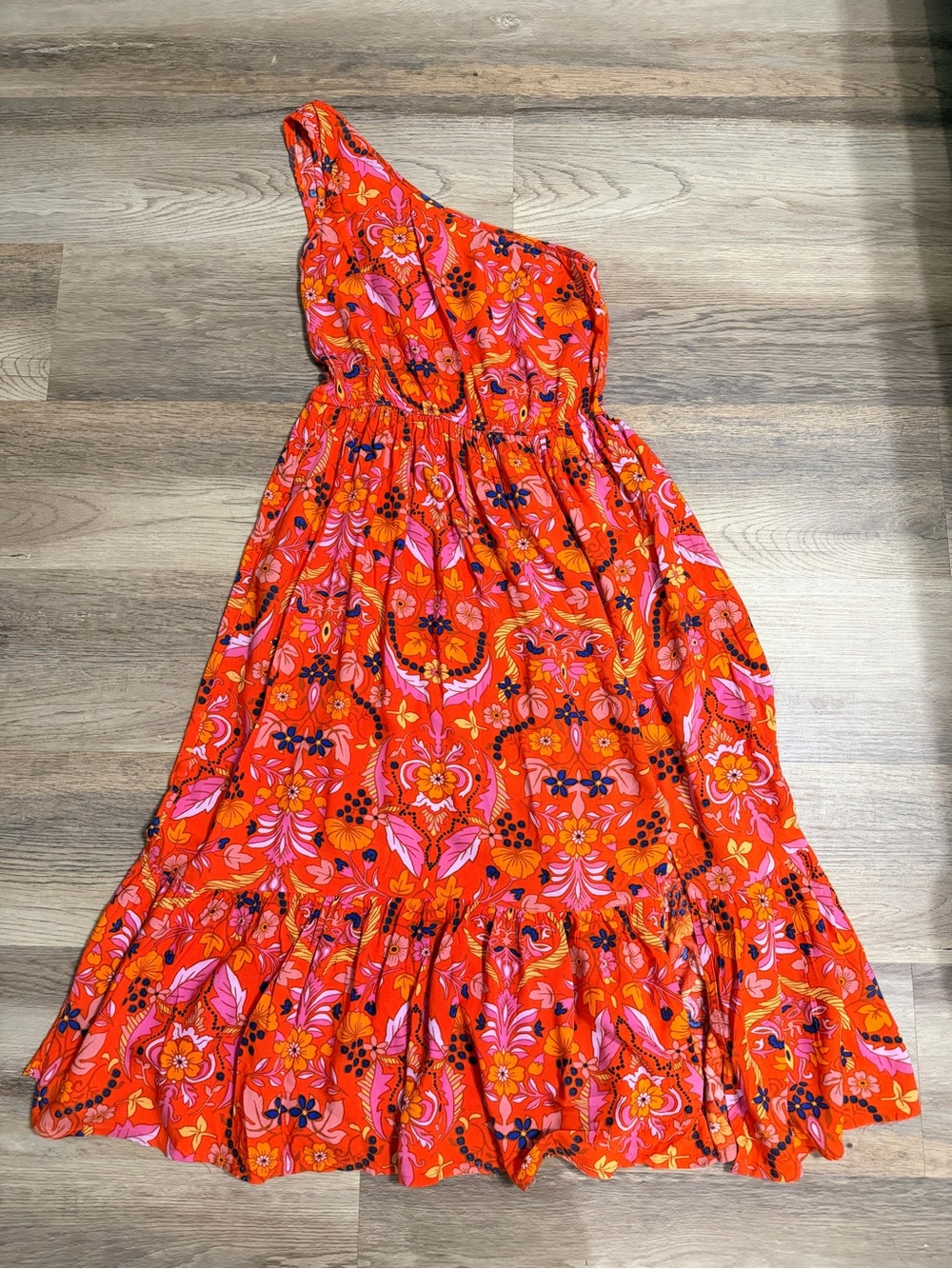 Women's One-Shoulder Orange Floral Midi Dress
